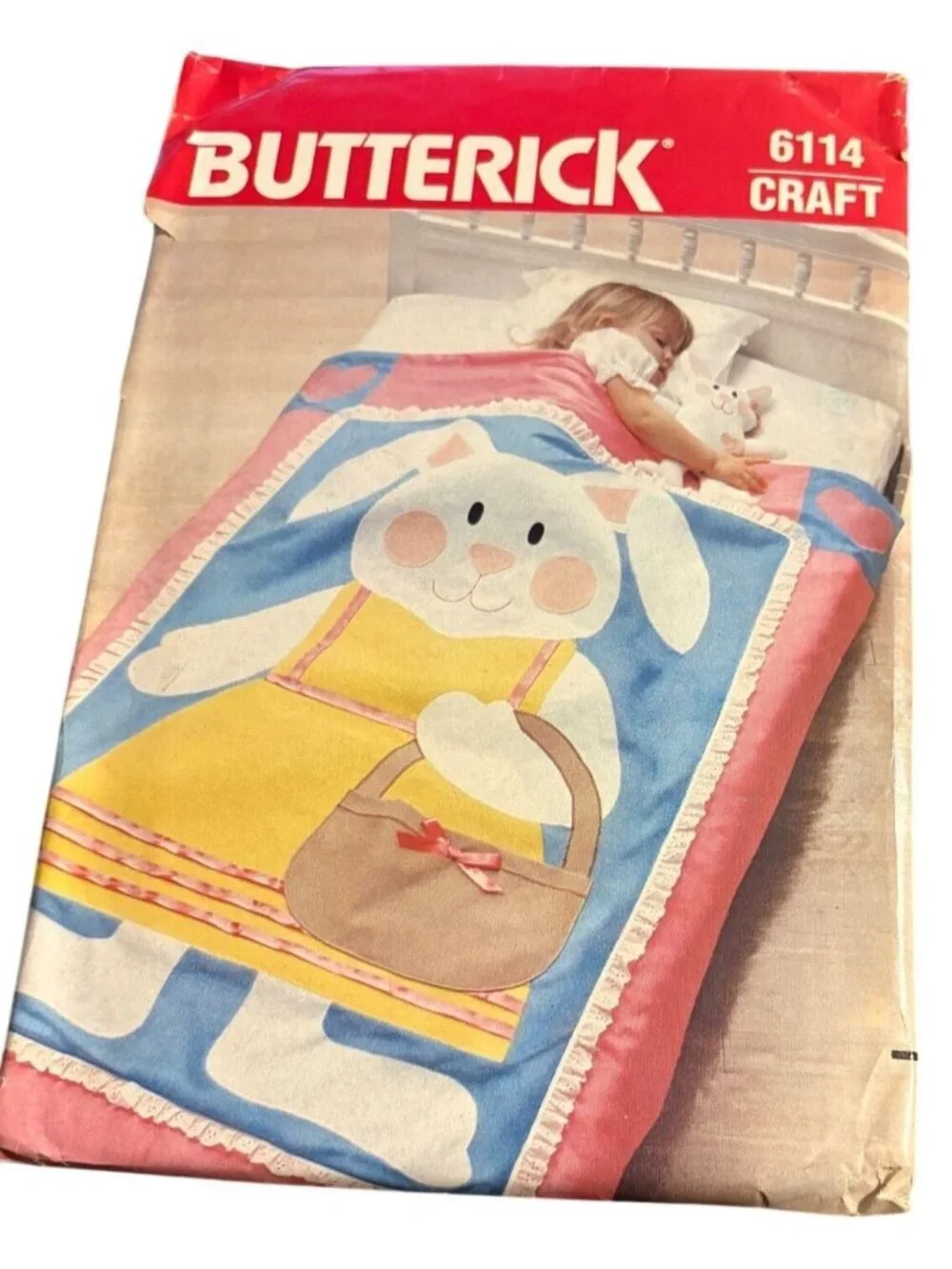 Vintage Butterick 6114 Craft Crib Quilt Bunny Applique Blanket Toy Sew Pattern